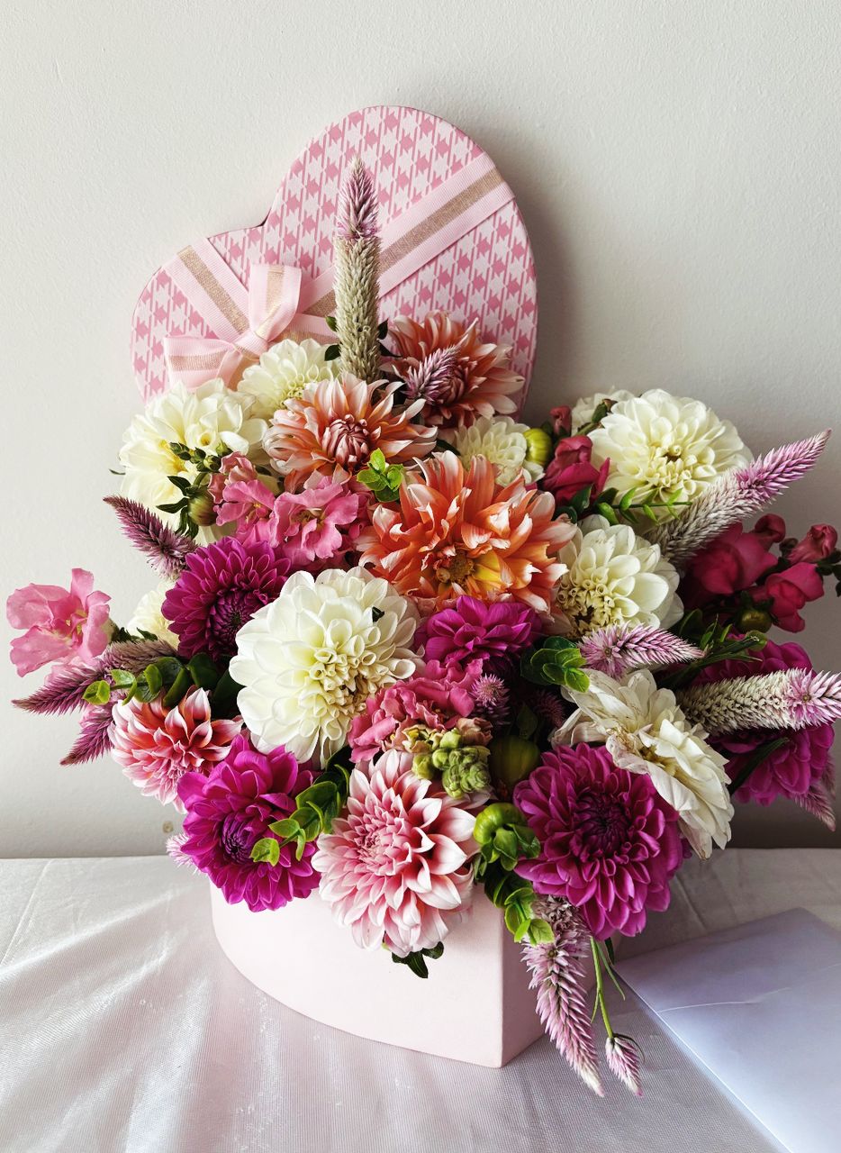 Heart Box Dahlia Arrangement